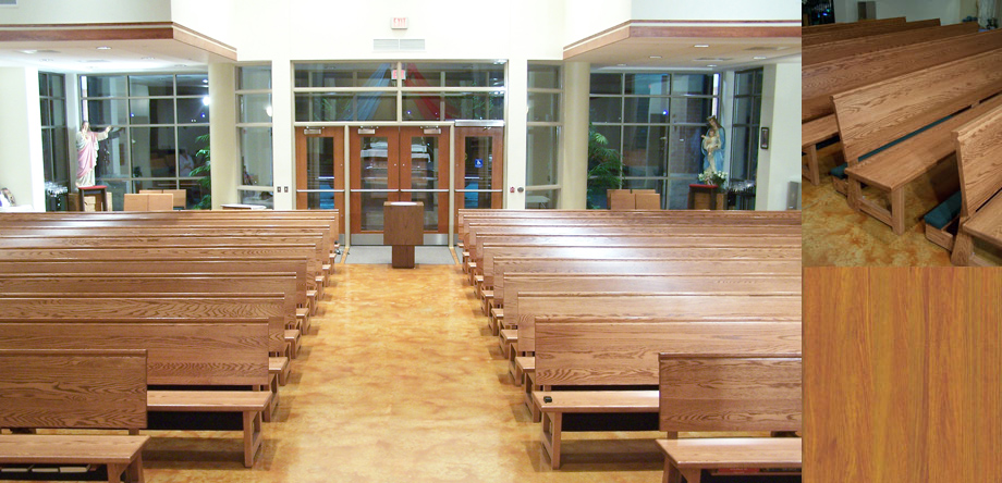 Open ended hardwood church pews with Shaker-like style
