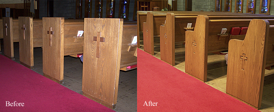 Before and after view of redesigned pews.